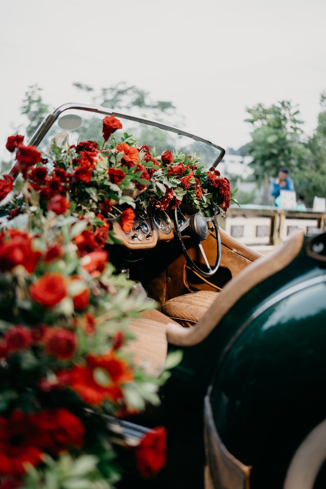 Roses on the dashboard of the vintage car